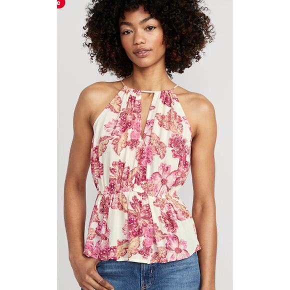 Old Navy Sleeveless High-Neck Top for Women Size Small Tall NWT Bold Pink Floral - Picture 1 of 9